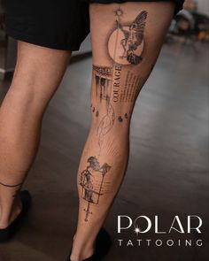 a person with tattoos on their legs and leg is shown in the image, which appears to be an advertisement for polar tattooing