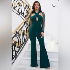 Brand New With Tags Never Worn Fitted Green Pantsuit For Party, Green Overall Jumpsuits And Rompers For Party, Fitted Green Pantsuit For Night Out, Green Fitted Pantsuit For Night Out, Green Long Sleeve Pantsuit For Party, Chic Green Pantsuit For Party, Asymmetric Jumpsuit, Womens Black Jumpsuit, Tailored Jumpsuit