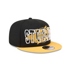 The Pittsburgh Steelers Splatter 9FIFTY Snapback features an embroidered Steelers wordmark with paint splatter logo at the front panels. Additional details include a snapback closure and tag at the rear. Letter Print Flat Bill Snapback Hat For Streetwear, Streetwear Snapback Fitted Hat With Letter Patch, Streetwear Fitted Snapback Hat With Letter Patch, Logo Snapback Hat With Curved Bill For Streetwear, Urban Snapback Hat With Letter Print And Flat Bill, Urban Snapback Hat With Letter Print, Flat Brim Logo Snapback Hat For Streetwear, Logo Snapback Hat For Baseball Season Streetwear, Logo Snapback Hat With Flat Bill For Streetwear