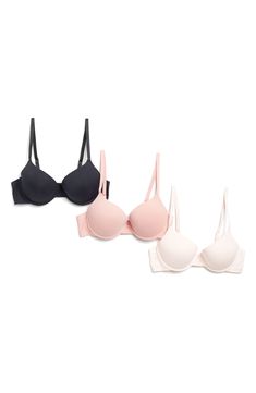 Soft, supportive and ideal for every day, this pack of bras feature underwire cups and are crafted from perforated microfiber. Pack of three assorted bras 90% nylon, 10% spandex Hand wash, line dry Imported Black Island, Shapewear, Women Lingerie, Nordstrom Rack, Every Day, Bleach, Hand Wash, Nordstrom, Lingerie