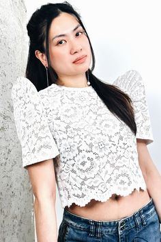 Ready-to-Wear The perfect casual terno crop top with a scallop hem and stretch white lace–the PAMANA Scalloped Lace Terno Top is the chic and minimal gorgeousness you know we always deliver -- now in white! Each PAMANA Scalloped Lace Terno Top is handcrafted by the VINTA Gallery team in our atelier in the Philippines. We have very limited stock, so do not hesitate! Material and Care Instructions - 100% nylon lace, 100% nylon lace lining- Dry clean only Size Chart Model is 5'2" and wearing an XS. White Filipiniana, Modern Filipiniana, Filipiniana Dress, Crochet Lace Pattern, Scallop Hem, Insurance Coverage, Crochet Clothes Patterns, Scalloped Lace, Scalloped Hem