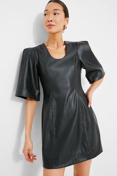 Black Leather Ariella Dress Princess Seam, Cool Necklaces, Leather Material, Scoop Neckline, Bell Sleeves, Vegan Leather, Clothing And Shoes, Fashion Inspo Outfits, Black Leather