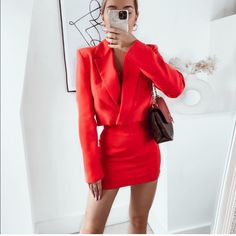 New With Tag Blogger’s Favorite High Waisted Mini Skirt, Skirt With Belt, Red Mini Skirt, Blazer And Skirt, Red Suit, Zara Skirts, Linen Suit, Cropped Blazer, Fashion Inspo Outfits