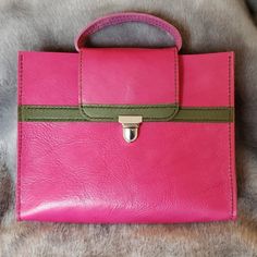 Pink And Olive Green Leather Top Handle Handbag. Silver Hardware. 8.5" X 11" X 2.5". Full-Grain Leather Has Character All Its Own Which Often Displays Natural Markings Lending Unique Beauty To The Leather Piece. Coach Sling Bag, Pink And Olive Green, Black Swimsuit Cover Up, Kathy Van Zeeland Handbags, Leather Designs, Faux Fur Bag, Juicy Couture Purse, Coach Satchel, Italian Leather Bags