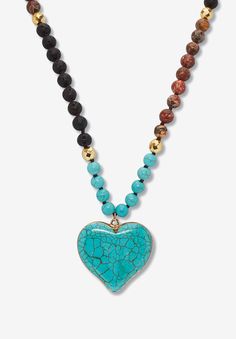 Invite love into your life with this colorful beaded heart pendant necklace featuring genuine turquoise, brown jasper, and black lava stone beads. These eye-catching earth tone stones will add a touch of southwestern flare to any outfit. Goldtone, 34 inch length. As these items are genuine jasper and lava stone, the actual colors and sizes may vary slightly.FABRIC: GoldtoneMain Stone: 1 Heart Cabachon Cut Genuine Turquoise Jasper, 27 mm x 27 mm27 Round Cabachon Cut Genuine Brown Jaspers, 8.25 mm Brown Jasper, Beaded Heart, Heart Gemstone, Old Jewelry, Genuine Turquoise, Drawstring Pouch, Lava Stone, Heart Pendant Necklace, Gemstone Necklace