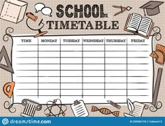 a school timetable with books and other items around it