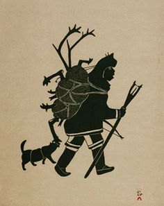 a drawing of a man with a dog on his back and holding a stick in one hand