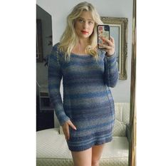 Free People Crochet Knitted Dress with Scoop  Neck in Blue Stripes  Long sleeves, super comfortable - crochet has stretch.  Cotton/ Nylon fabric. Labeled as a size medium Length: 30 inches Left under arm to right under arm: 19 inches Skirt hem width: 19.5 inches Great condition! Sourced in Toronto, Canada 🇨🇦 Fitted Blue Crochet Mini Dress, Multicolor Crochet V-neck Dress For Spring, Free People Crochet, Multicolor Crochet V-neck Dress, Crochet Knit Dress, Knitted Dress, Le Crochet, Nylon Fabric, Toronto Canada