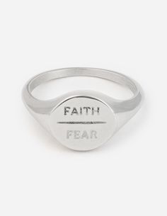 Faith and fear cannot exist together. Faith is an absolute belief that God is constantly working behind the scenes in every area of our lives, even when there is no tangible evidence to support that fact. Let this ring remind you and others to constantly choose faith over fear in your everyday life.    “Now faith is confidence in what we hope for and assurance about what we do not see." -Hebrews 11:1   What's Included Silver Faith Over Fear Ring Description card Natural cotton pouch Elevated Faith Rings, Elevated Faith Necklace, Faith Jewelry Christians, Christian Jewelry Elevated Faith, Interesting Accessories, Choose Faith Over Fear, Faith Ringgold, Elevated Faith, Faith Sign