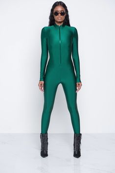 Hunter Green Zip Me Up Jumpsuit Green Fitted Bodysuit For Winter, Winter Green Fitted Bodysuit, Green High Stretch Long Sleeve Bodysuit, Green Long Sleeve High Stretch Bodysuit, Stretch Bodysuit With Zipper Closure, High Stretch Long Sleeve Bodysuit With Zipper, High Stretch Long Sleeve Bodysuit With Zipper Closure, Green Stretch Long Sleeve Unitard, Green Long Sleeve Stretch Unitard