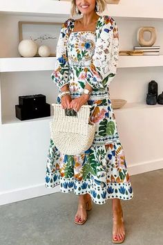 Square Collar Puff Sleeves Printed Midi Garden Party Dress – Meridress Garden Party Dress, Outdoor Event, Ruffled Maxi Dress, Retro Prints, Hoodie Dress, Swing Dress, Garden Party, Puff Sleeves, Perfect Dress