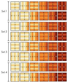 an orange and yellow pattern with numbers on it, including the number of rows in each row