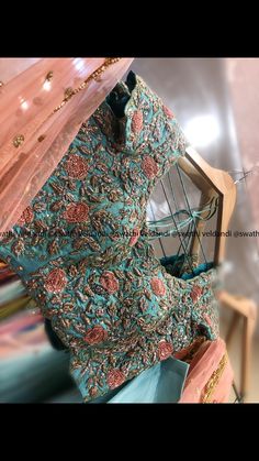 Maggam Blouse, Ice Blue Color, Pattu Saree Blouse Designs, Saree Blouse Neck Designs, Reception Gown, Maggam Works