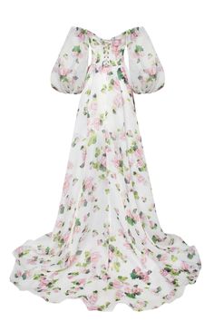 Elegant off-the-shoulder maxi dress with a heart-shaped neckline, front slit, and a long train. Features a delicate floral print. DETAILS Organza fabric Colors: apple blossom Floral print Maxi dress Skirt length from waist: 120-125 cm Beige lining Puffy semi-transparent sleeves Front slit & open back Lace-up closure Made in Ukraine SIZE & FIT INFORMATION Fits true to size. We recommend you get your regular size. Designed to be slightly fitted at the bust, waist, and hips. Mid-weight, non-stretch Floral Puff Sleeve Dress, Milla Dresses, Transparent Sleeves, Puff Sleeve Maxi Dress, Sheer Sleeve Dress, Apple Dress, Dress Weights, Evening Dresses Online, Floral Gown