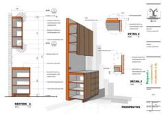 an architectural drawing shows the details and plans for a kitchen with cabinets, shelves, and cupboards