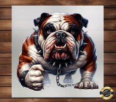 a painting of a bulldog with spiked horns and chains on it's face is shown in front of a wooden wall