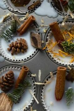 some food is laying out on top of each other in muffin tins with pine cones and cinnamon sticks