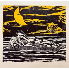 an image of a woman laying on the ground in the water with a yellow moon above her