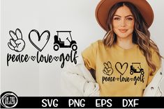 a woman wearing a yellow shirt and brown hat with peace love golf svg cut file