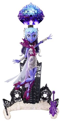 an image of a doll that is on top of a chair with purple hair and makeup