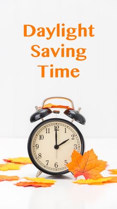 an alarm clock sitting on top of a pile of leaves with the words daylight saving time