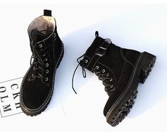 More Shoes,Please click: https://www.etsy.com/shop/mosshe FEATURES: 【Color】: black 【Material】: *Upper material: top grain soft suede.a great enjoyment of quality, softness, durability and nature *Sole material: default sole is made of quality rubber sole-----skid resistance and wear resistant *Height of the Heel: defult height is 4.5cm heel. 【About Size】: True size, please choose the size that you most usually wear. Now that you have an accurately measured U.S. shoe size, use the size table belo Grunge Style Lace-up Boots With Round Toe For Winter, Grunge Martin Boots With Round Toe For Fall, Fall Grunge Martin Boots With Round Toe, Edgy Martin Boots With Round Toe For Winter, Trendy Black Ankle Martin Boots, Edgy High-top Martin Boots For Winter, Trendy Mid-calf Boots For Winter Streetwear, Casual Thick Bottom Martin Boots For Fall, Trendy Winter Mid-calf Boots For Streetwear