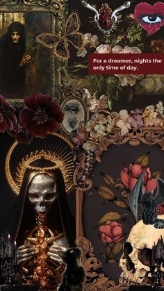 an image of a skeleton with flowers and skulls on it's head in front of a mirror