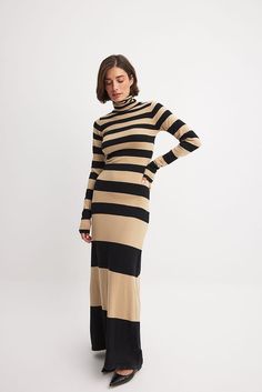 Fine Knitted Striped Maxi Dress Beige | NA-KD Tzniut Fashion, Dress Beige, Striped Maxi, Striped Maxi Dresses, Knitting Materials, Na Kd, Stripes Design, Turtle Neck, Relaxed Fit