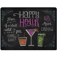 a chalkboard sign that says happy hour and two cocktails with drinks on it