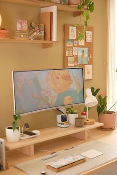 Light and cozy home office featuring a sit and stand desk made of solid wood. Office With Feature Wall, Ergonomic Desk Setup Aesthetic, Desk Setup Shelf, Cozy Standing Desk, Room Desk Inspiration, Cute Aesthetic Office, Cozy Aesthetic Desk Setup, Cute Wooden Desk, Ergonofis Sway Desk