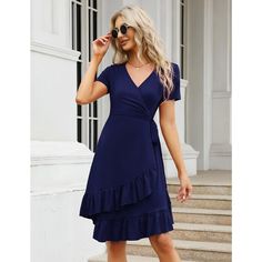 This Wrap Dress for Women is crafted from a comfortable blend of 35% Rayon, 60% Polyester, and 5% Spandex, offering a soft, lightweight, breathable feel that is skin-friendly and not see-through. The classic and casual wrap dress style features a cross V neck, true wrap front, short sleeves, midi length with a ruffle hem, A-line silhouette, and empire waist belt, giving an elegant and charming look. Available in six colors, this versatile dress is suitable for various occasions and can be styled Boho Maxi Dress Casual, Wedding Guest Midi Dresses, Casual Wrap Dress, Dress Summer Casual, Wrap Dress Styles, Red Wrap Dress, Womens Wrap Dress, Midi Dress For Women, Midi Tank Dress