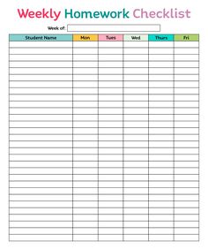 a printable homework checklist with the words,'weekly homework checklist '