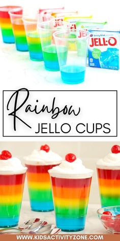 rainbow jello cups with candy in them and the title reads rainbow jello cups