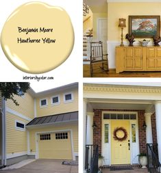 the front door and entry way of a house with yellow paint on it, along with pictures of furniture