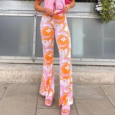 Chicmy 90S Vintage Printed Y2K Flare Pants Chic Women High Waist Skinn Pink Wide Leg Y2k Pants, Y2k Pink Wide Leg Pants, Pink Y2k Style Wide Leg Pants, Pink Wide Leg Y2k Bottoms, Y2k Pink Wide Leg Bottoms, Trendy Full-length Summer Pants, Trendy Full Length Summer Pants, Y2k Style Straight Bottoms For Spring, Y2k Straight Pants For Spring