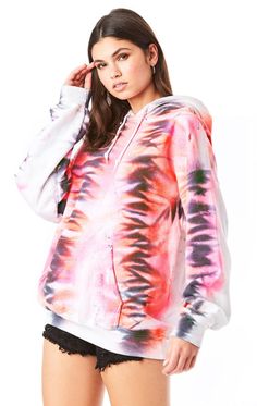 Oversized pullover hooded sweatshirt. Front kangaroo pocket and hood with adjustable drawstrings. Features a zig zag tie dye pattern in pink. orange and black.Each garment is individually hand processed causing unique variations in tie dyes. Tie Dye Pattern, Dye Hoodie, Tie Dye Hoodie, Oversized Pullover, Denim Branding, Tie Dye Patterns, Premium Denim, Pink Orange, Zig Zag