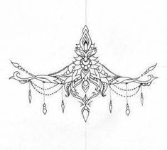 a line drawing of an ornamental design with beads hanging from it's center point