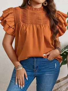 Style:Casual \nDetails:Button \nSleeve Type:Flounce Sleeve \nDetails:Frill \nHem Shaped:Regular \nNeckline:Stand Collar \nType:Top \nColor:Orange \nPattern Type:Plain \nSleeve Length:Short Sleeve \nLength:Long \nFit Type:Regular Fit \nFabric:Non-Stretch \nMaterial:Woven Fabric \nComposition:100% Polyester \nCare Instructions:Hand wash or professional dry clean \nSheer:No \n Shirt With Ruffle Sleeves, Plus Size Summer Casual, Orange Shirt, Plus Size Summer, Flounce Sleeve, Ruffle Sleeves, Plus Size Blouses, Shoulder Length, Plus Size Tops