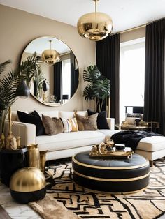 a living room filled with furniture and mirrors