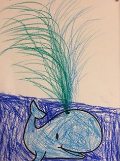 a drawing of a blue whale with grass in it's mouth