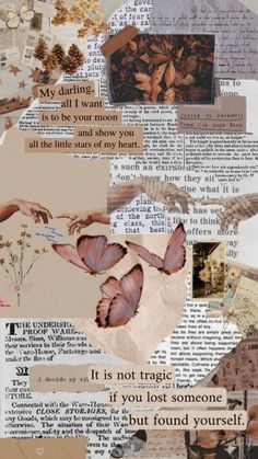 an altered collage with words and pictures on it's side, including leaves