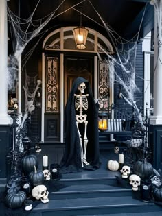 22 Halloween Front Porch Decor Ideas 2024 Halloween Front Porch Archway, Spooky Porch Ideas, Halloween Decorations Front Of House, Skulls Halloween Decorations, Halloween Porch Ideas With Skeletons, Gothic Halloween Porch Decorations, Gothic Halloween Decorations Outdoor, Halloween Entryway Outdoor