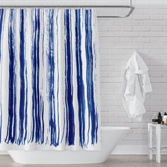 Indigo Dry Brush Stripes on Clean White Shower Curtain, Abstract Contemporary Watercolor Art - Metro Shower Curtains Contemporary Watercolor Art, Contemporary Watercolor, Striped Shower Curtains, White Shower Curtain, White Shower, Dry Brush, Shades Of Teal, Urban Setting, Fabric Shower Curtains