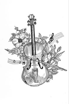 a drawing of a violin with flowers and music notes on it's back side