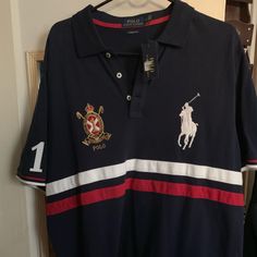 New With Tags Polo Ralph Lauren Big Pony Stripe Navy Blue Polo Shirt Classic Fit Xl Casual Blue Collared Top, Aesthetic Male Outfits, Navy Blue Polo Shirt, Male Outfits, Summer Board, Navy Polo Shirt, Number Shirt, Polo Design, Blue Polo Shirt