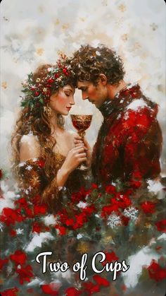 a painting of two people holding wine glasses in front of roses and the words two of cups