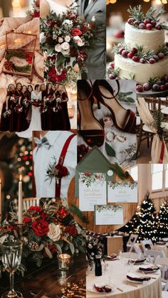 a collage of photos with different types of wedding decorations and flowers on them, including cake