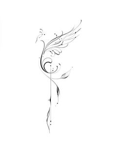 a black and white drawing of a bird with wings on it's back side