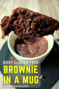 chocolate brownie in a mug on a plate with the words easy gluten free brownie in a mug