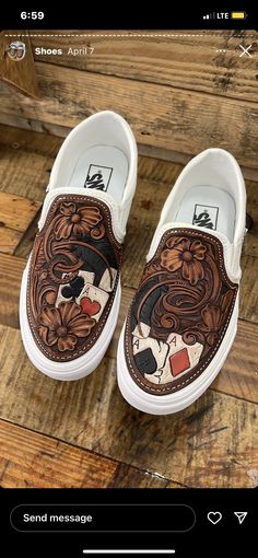 Tooled Converse, Tooled Leather Vans, Custom Tooled Leather Hey Dudes, Western Painted Vans, Tooled Leather Belts Cactus, Belt Ideas, Country Tiktoks, Leather Converse, Western Shoes